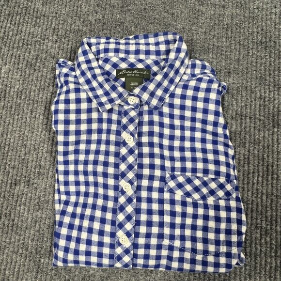 VTG Eddie Bauer Flannel Shirt Womens Medium Blue White Plaid Button Up Cotton - Picture 12 of 12